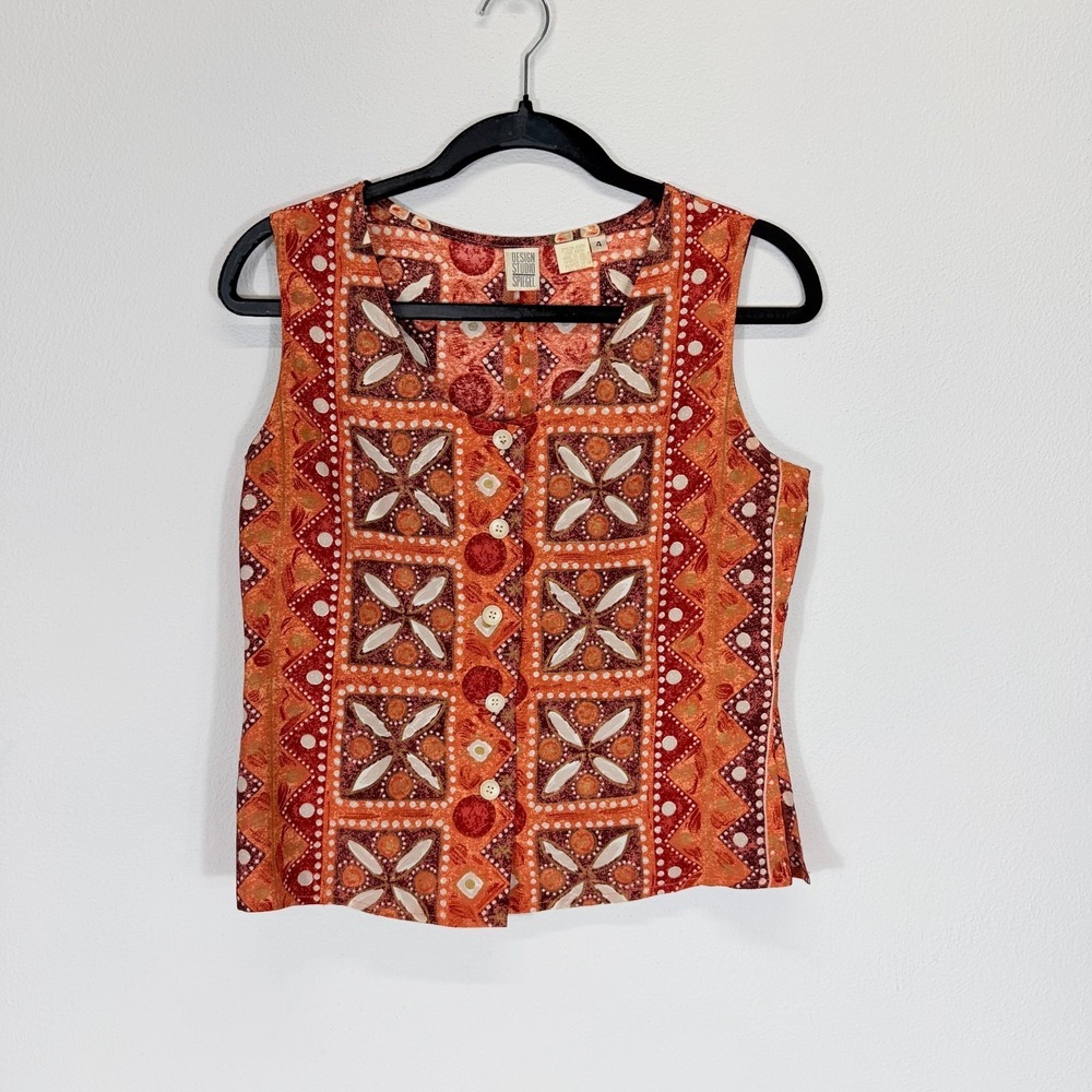 Design Studio Spiegel Vintage Tribal Geo Tile Print Button Front Top 4 Made USA